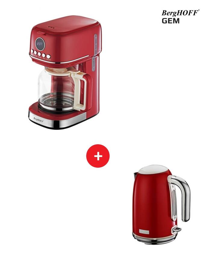 Berghoff GEM RETRO Kırmızı Filtre Kahve Makinesi + 1,7 Lt Retro Kettle Su Isıtıcı - 1